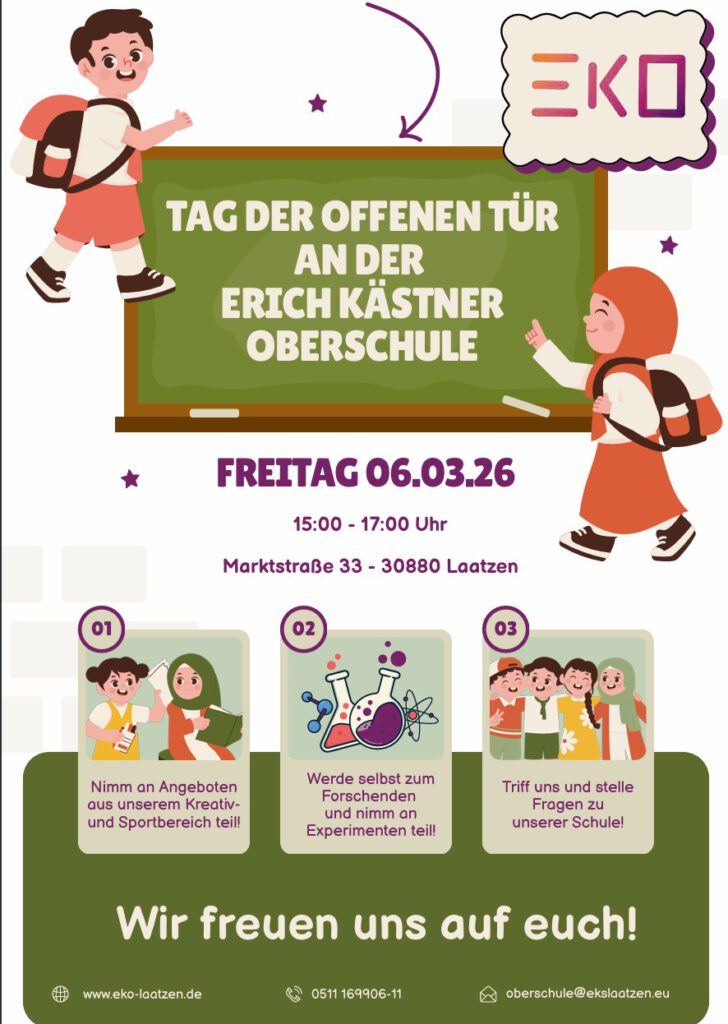 Flyer mit Informationen zum Tag der offenen Tür am 06.03.2026 von 15-17 Uhr in der Erich Kästner Oberschule Verschiedene kreative, sportliche und forschende Aktivitäten werden angeboten.