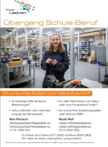 Flyer von Frau Mafi und Herrn Partzsch, der Sprechzeiten und Telefonnummern enthält