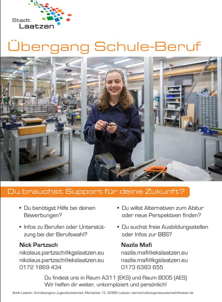 Flyer von Frau Mafi und Herrn Partzsch, der Sprechzeiten und Telefonnummern enthält